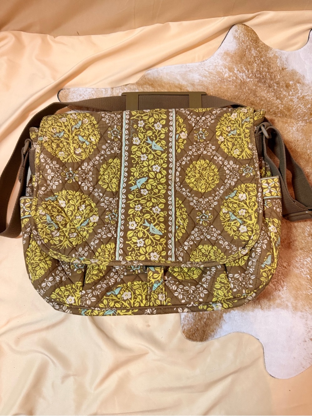 Vera Bradley Brown and Lime Quilted Crossbody Messenger